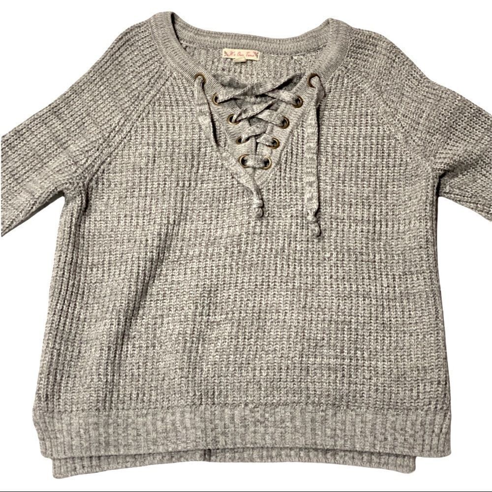 It's Our Time Gray Chunky Knit Lace-up Sweater